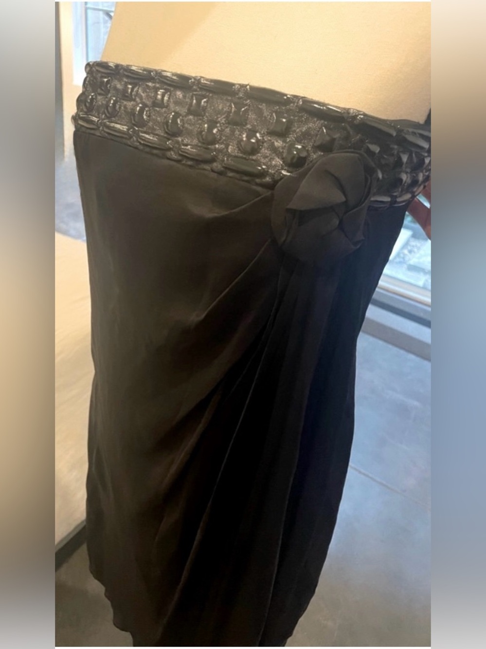 Philosophy di Alberta Ferretti Strapless Black Dress Leather Trim Silk Size 4